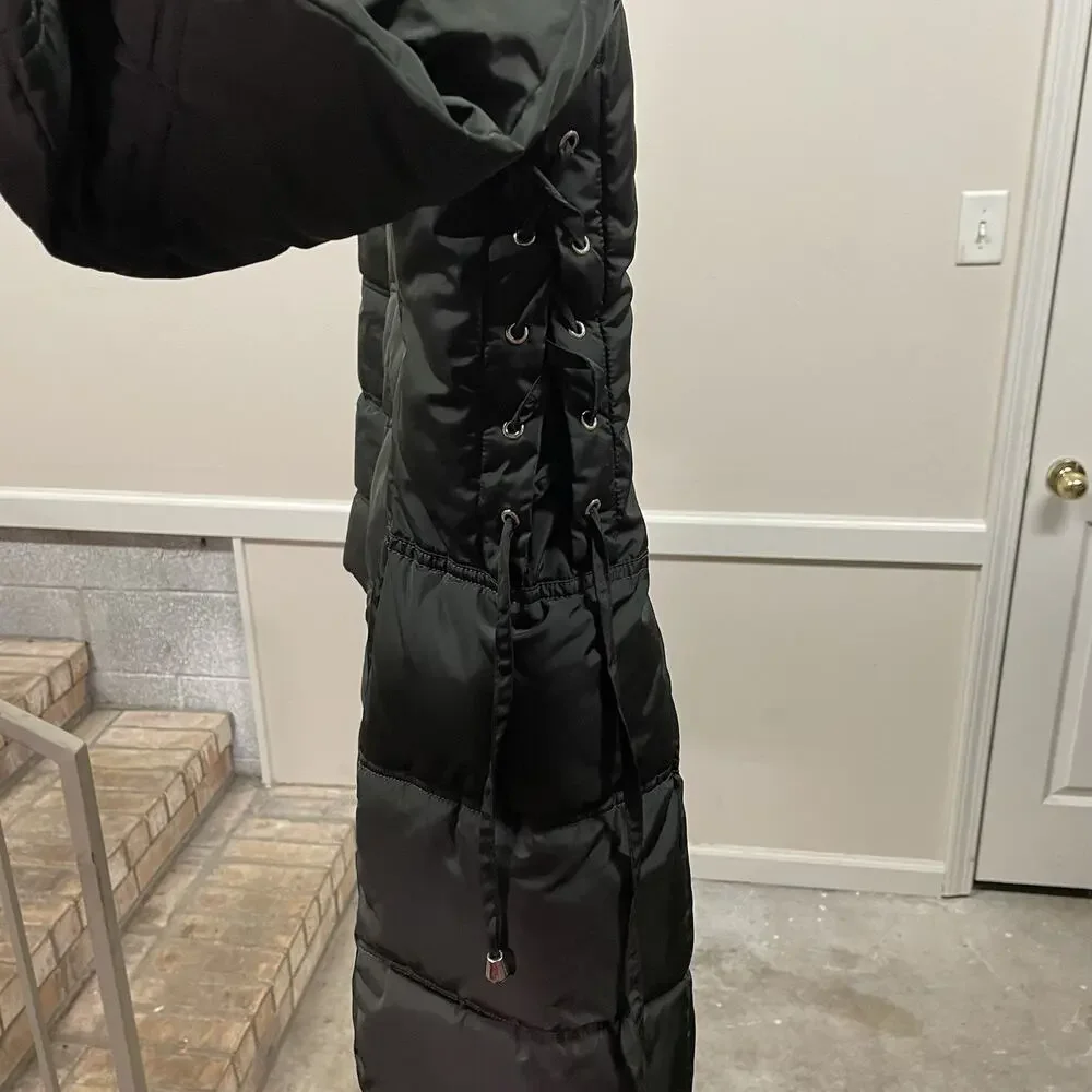 GUESS Puffer Coat Dark Green Women’s Medium Long Hooded Faux Fur Winter NWOT